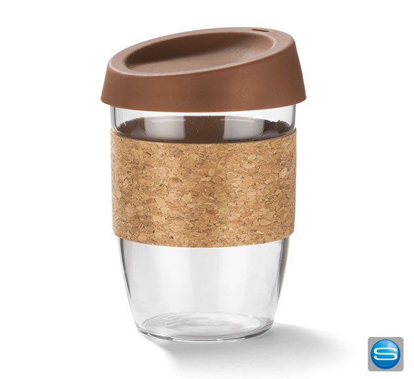 Trinkbecher aus Glas mit Kork als Werbemittel