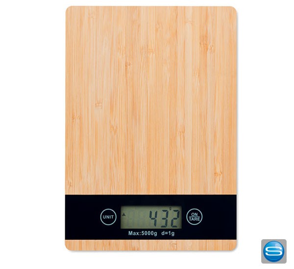 Digitale Küchenwaage aus Bambus mit Logo bedrucken