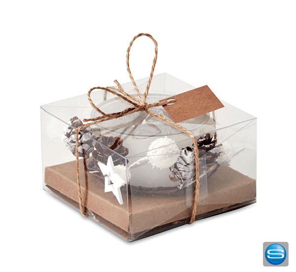 Glaskerzenhalter mit winterlicher Deko als Werbegeschenk mit Logo veredeln