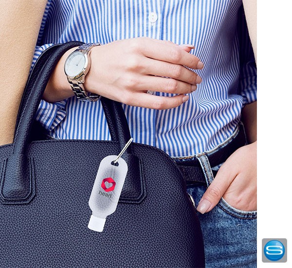 Handreinigungsgel mit praktischem Karabinerhaken und Logodruck 30ml