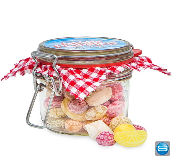 Bonbonglas mit Bügelverschluss und individuellem Etikett