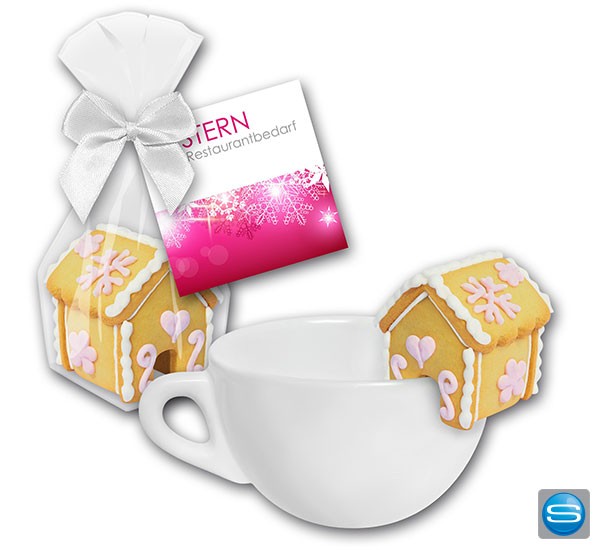 Hexenhaus als Tassenkeks mit bedruckter Karte