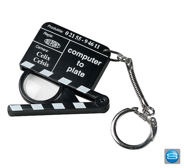 Schlüsselanhänger mit Filmklappe und Lupe als Werbegeschenk