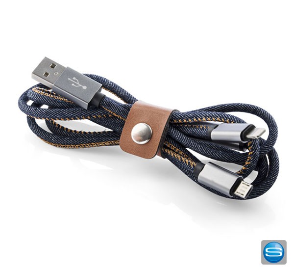 2 in 1 Kabel aus Jeans-Stoff mit Logo gravieren