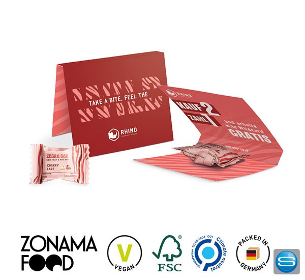 Werbekarte mit Zonama Zebra Bar Mini als Werbegeschenk