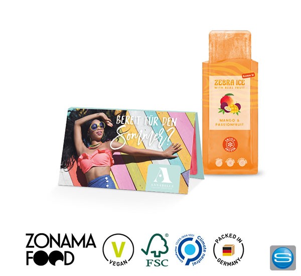 Werbekarte mit Zonama Fruchteis als Werbegeschenk