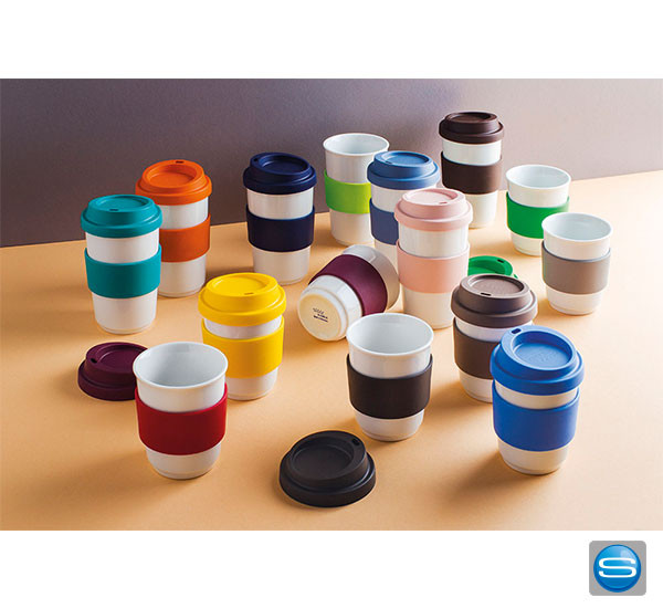 Bunter Coffee To Go Becher mit eigener Werbung