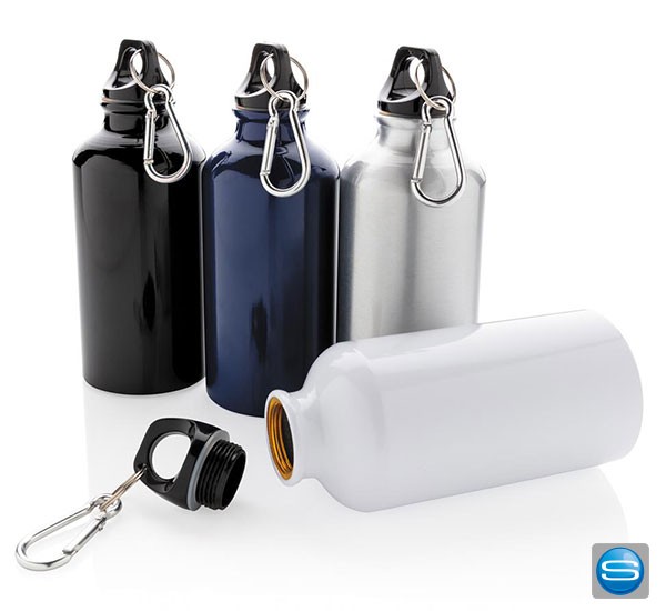 Sportflasche aus Aluminium mit Karabiner als Werbeartikel