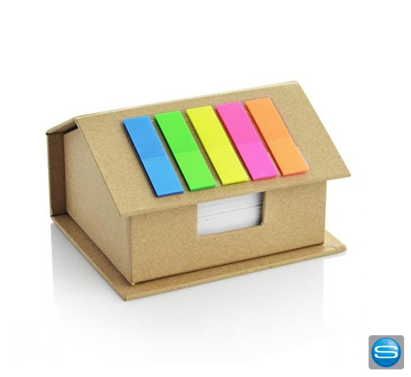 Notizzettelbox in Hausform mit bunten Markern als Werbeartikel