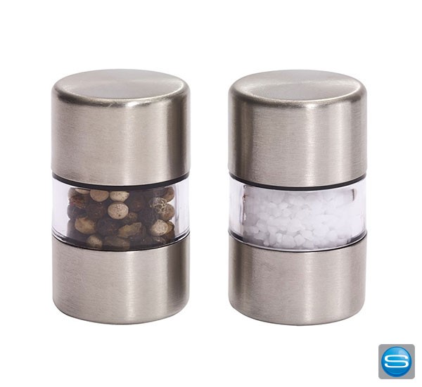 Mini Salz- und Pfeffermühle aus Edelstahl mit Logo