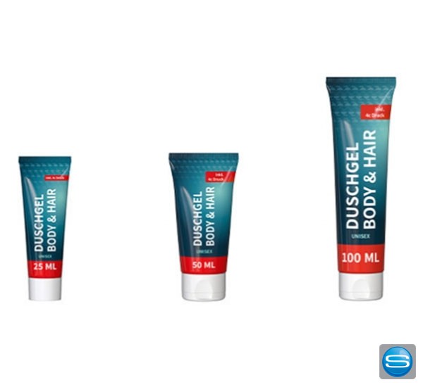 Duschgel " Body & Hair " in bunten Farben als Werbemittel