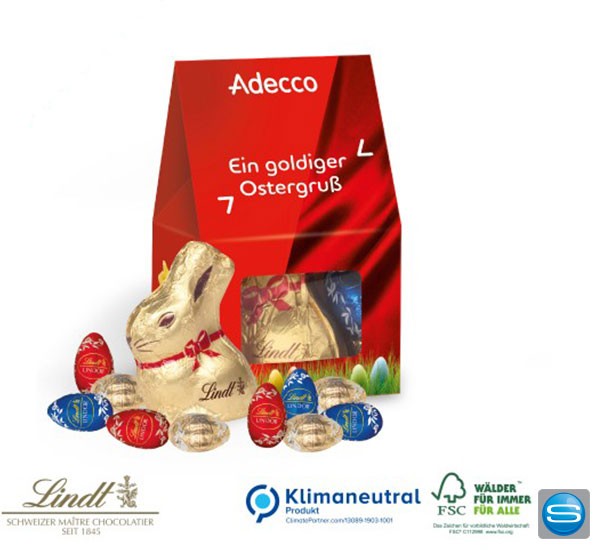 Businesspräsent Lindt Goldhase in Werbekartonage