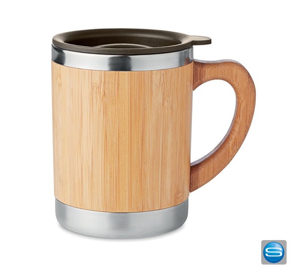 Trinkbecher doppelwandig mit Bambusdesign als Give Away mit Logo veredeln