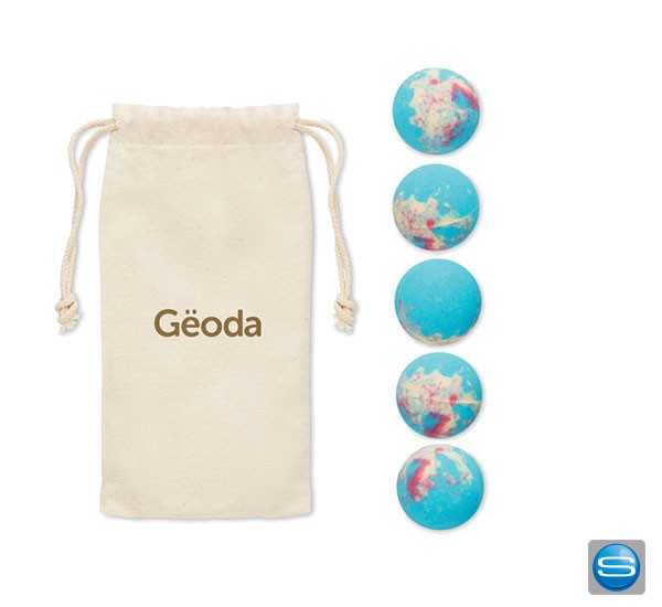 5 Badekugeln in Baumwollsack als Werbeartikel mit persönlichem Logo bedrucken