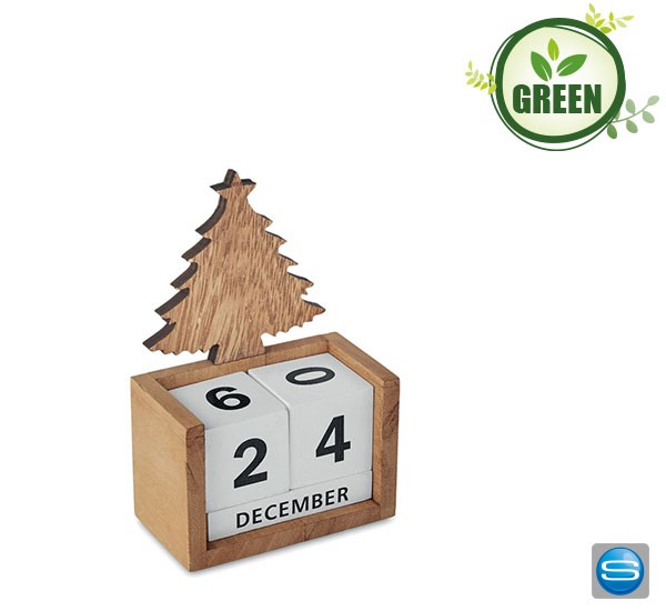 Ewiger Kalender aus Holz mit Tannenbaumdesign als Werbegeschenk mit Logo veredelt