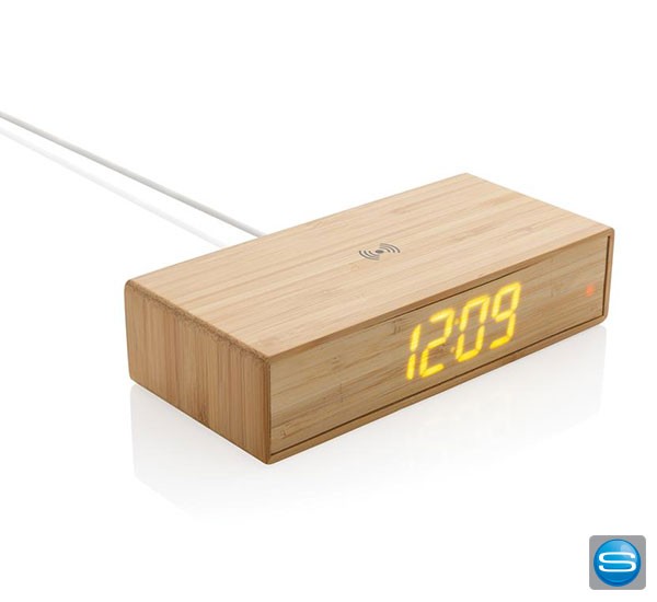 Wecker mit Wireless Charger aus Bambus mit Logo