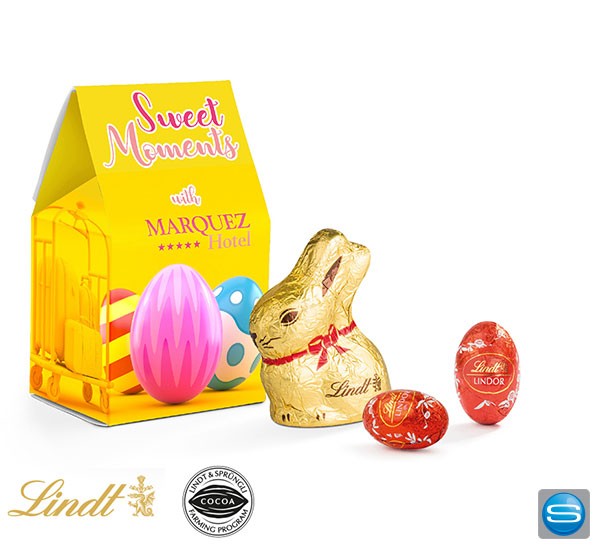 Lindt Osterhase in der bedruckbaren Standbodenbox mit Ihrem Logo bedruckt