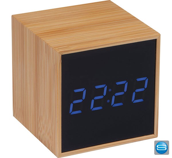 Elegante Tischuhr mit schwarzem Display als Werbemittel