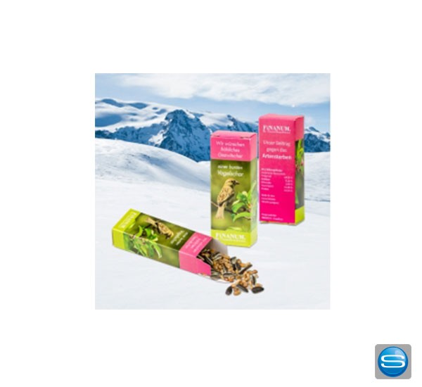 Bedruckbare Box mit Vogelfutter als Werbeträger verschenken