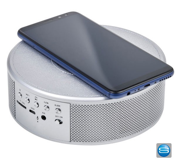Bluetooth Lautsprecher mit Ladestation und Freisprechanlage als Werbemittel