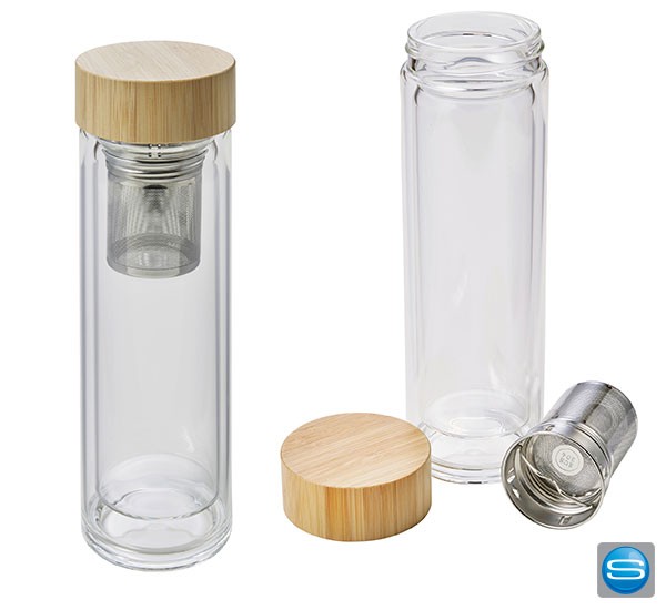 Glasflasche mit Teesieb als Werbegeschenk
