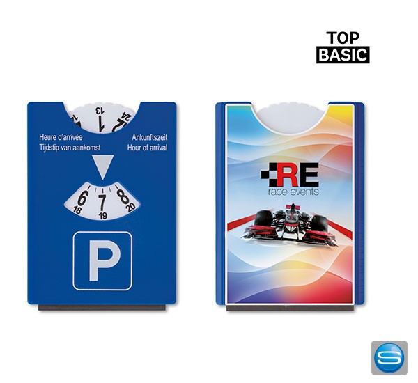 Parkscheibe mit vollflächig bedruckbarer Rückseite als Werbegeschenk