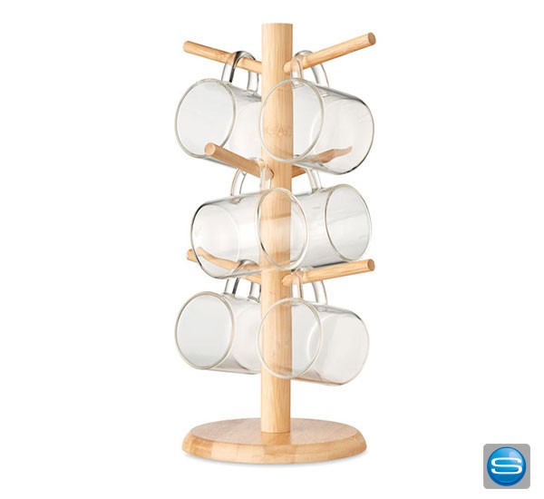 Tassenbaum aus Bambus mit 6 Bechern aus Borosilikatglas mit Logodruck