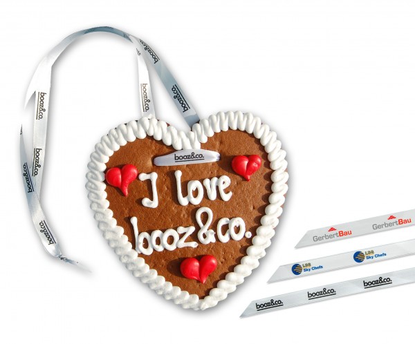 Bedrucktes Umhängeband als Werbeartikel für Lebkuchenherzen