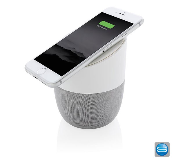 Home-Lautsprecher inklusive 5W Wireless-Charger mit Logo bedruckt