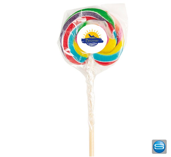 Spirallutscher in Plastikverpackung mit Logo