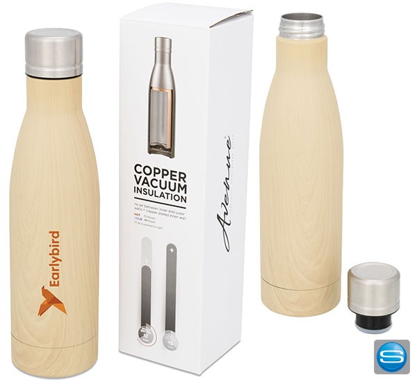 Isolierflasche in Holzoptik mit Logo bedrucken