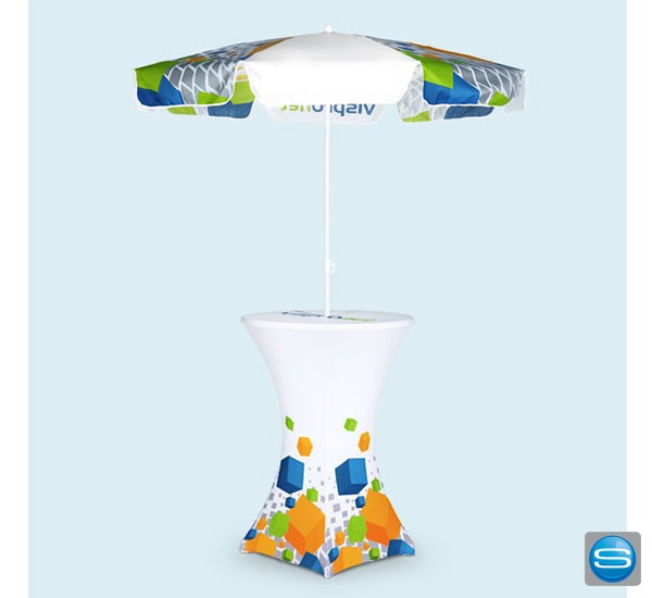 Sonnenschirme und Stehstischhussen individuell bedrucken