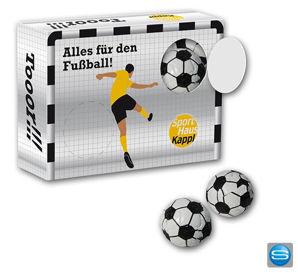 Schokoladen Fußball Torwand mit Logo bedrucken