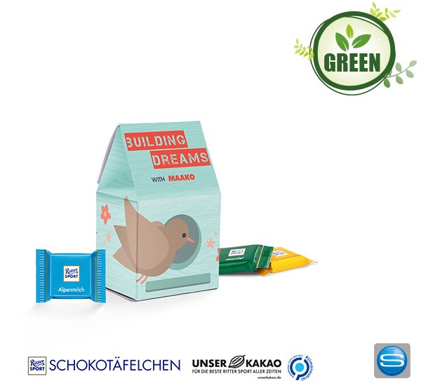 Klimaneutrale Standbodenbox mit Ritter Sport Schokotafeln als Werbemittel mit Logo bedrucken