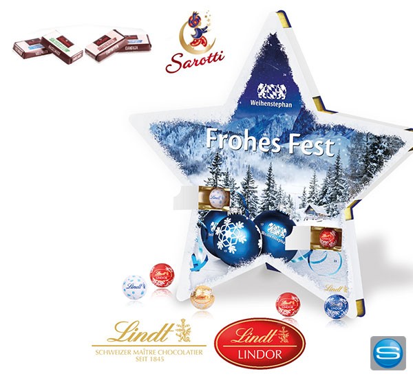 Adventskalender Stern mit Lindt Kugeln als Werbegeschenk