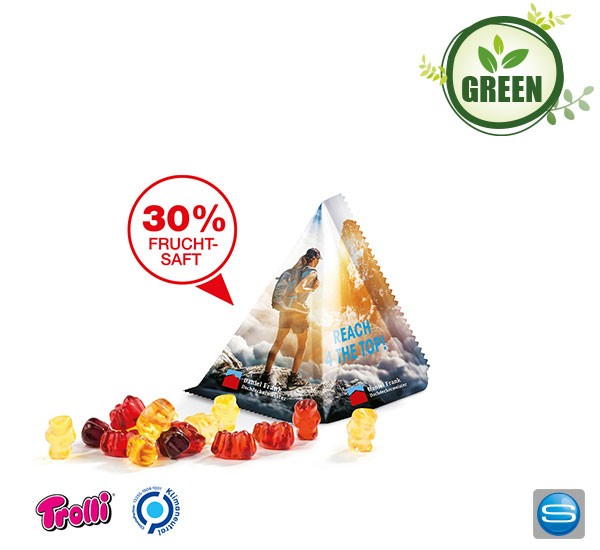 Gummibärchen mit 30 % Fruchtsaftanteil verpackt in klimaneutralem Tetraeder mit Logo bedrucken