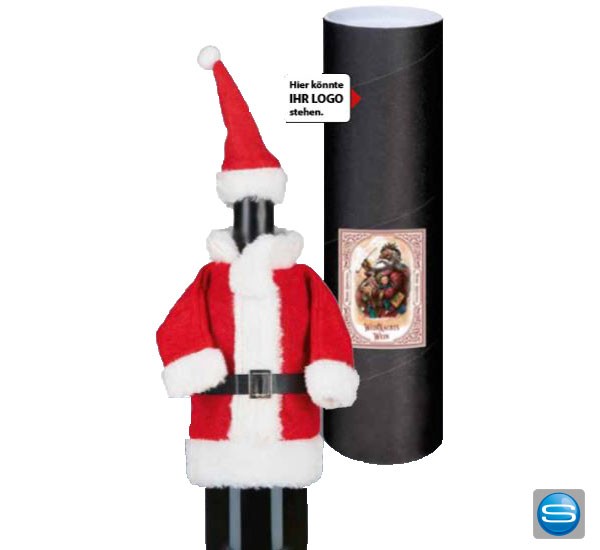 Rotweinflasche im Weihnachtsmannkostüm als Werbeartikel mit eigenem Logo bedruckt