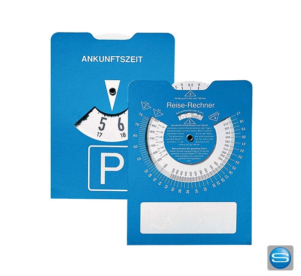 Papp-Parkscheibe mit Reise-Rechner, blau als Werbeartikel