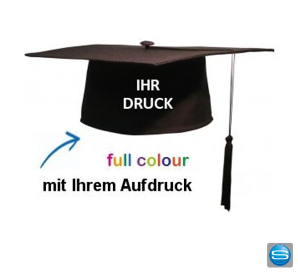 Amerikanischer Doktorhut bedruckt mit Firmenlogo