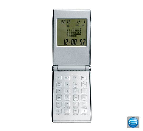 Klapp-Taschenrechner mit Weltzeituhr mit Ihrem Logo bedruckt