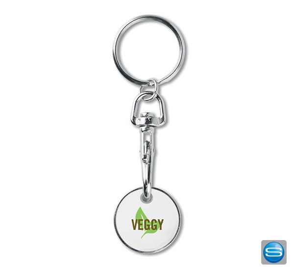 Schlüsselring mit rundem Einkaufswagenchip als Werbegeschenk mit Logo bedrucken