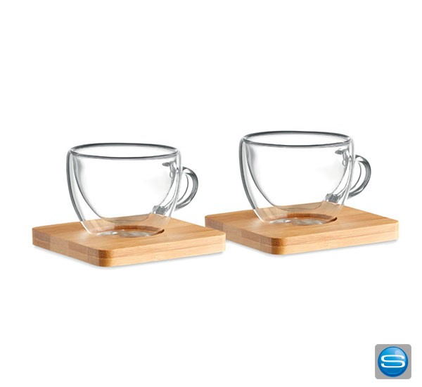 Set mit 2 Espressogläsern und Bambusuntersetzer als Werbemittel mit Logo bedrucken