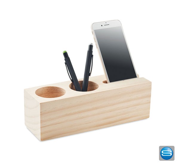 Schreibtisch-Organizer aus Holz mit Pflanze und Ihrem Logo