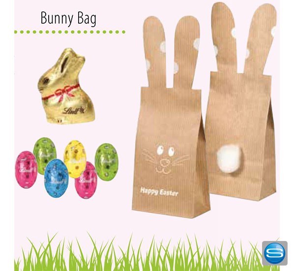 Hasentüte gefüllt mit Lindt Osterhase und Schokoeiern als Werbegeschenk mit Logo bedrucken
