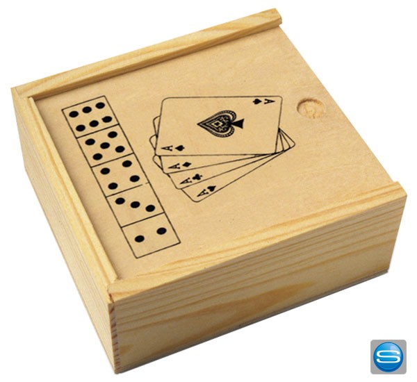 Karten und Würfelspiel 'Nevada' in Holzbox mit Ihrem Logo individualisieren