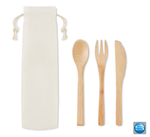 Bambus Besteckset mit Canvasbeutel als Werbeartikel mit Logo bedrucken