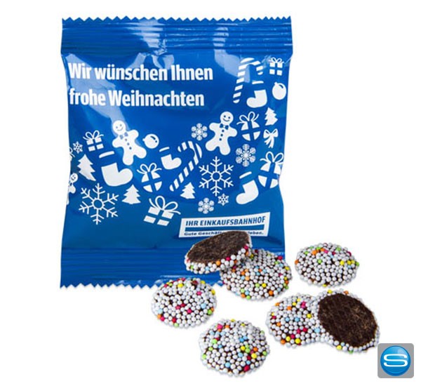 Schokotaler mit Zuckerstreuseln als Werbegeschenk