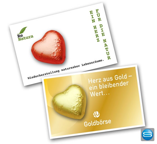 Schokoladen-Herz auf Kärtchen als Werbeartikel