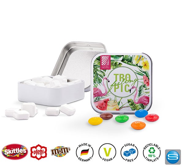 Quadratische Dose mit veganen Bonbons als Werbegeschenk