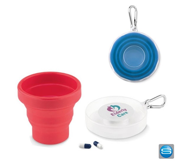 Faltbarer Becher mit Pillendose als Werbegeschenk